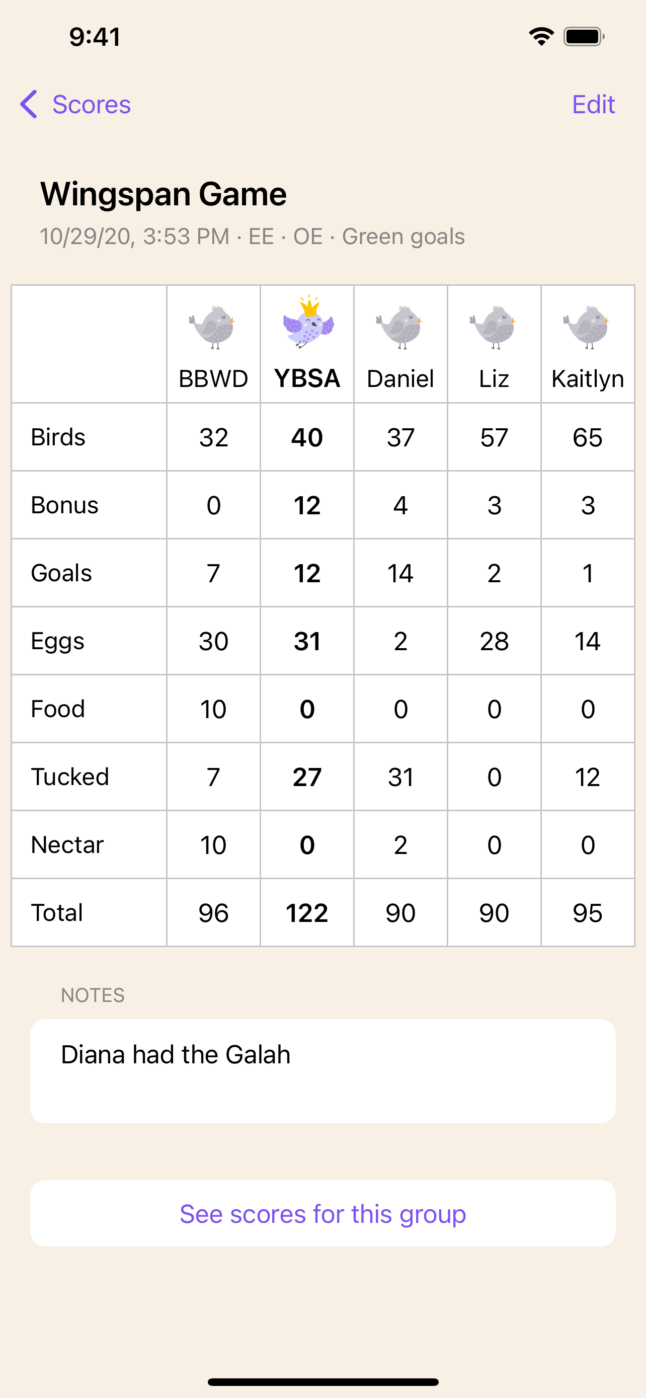 Scoring screen in the Wingscore iPhone app.