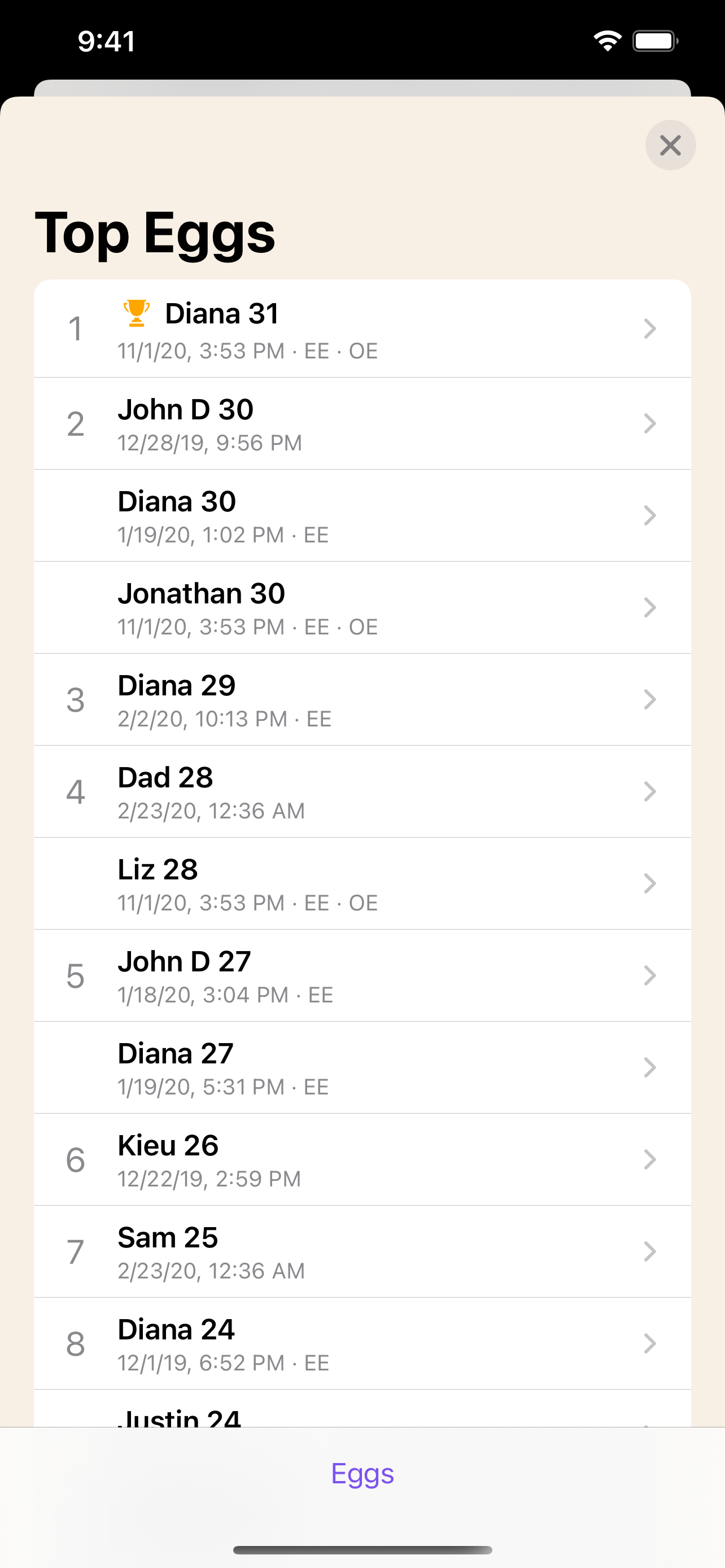 Top scores screen in the Wingscore iPhone app.