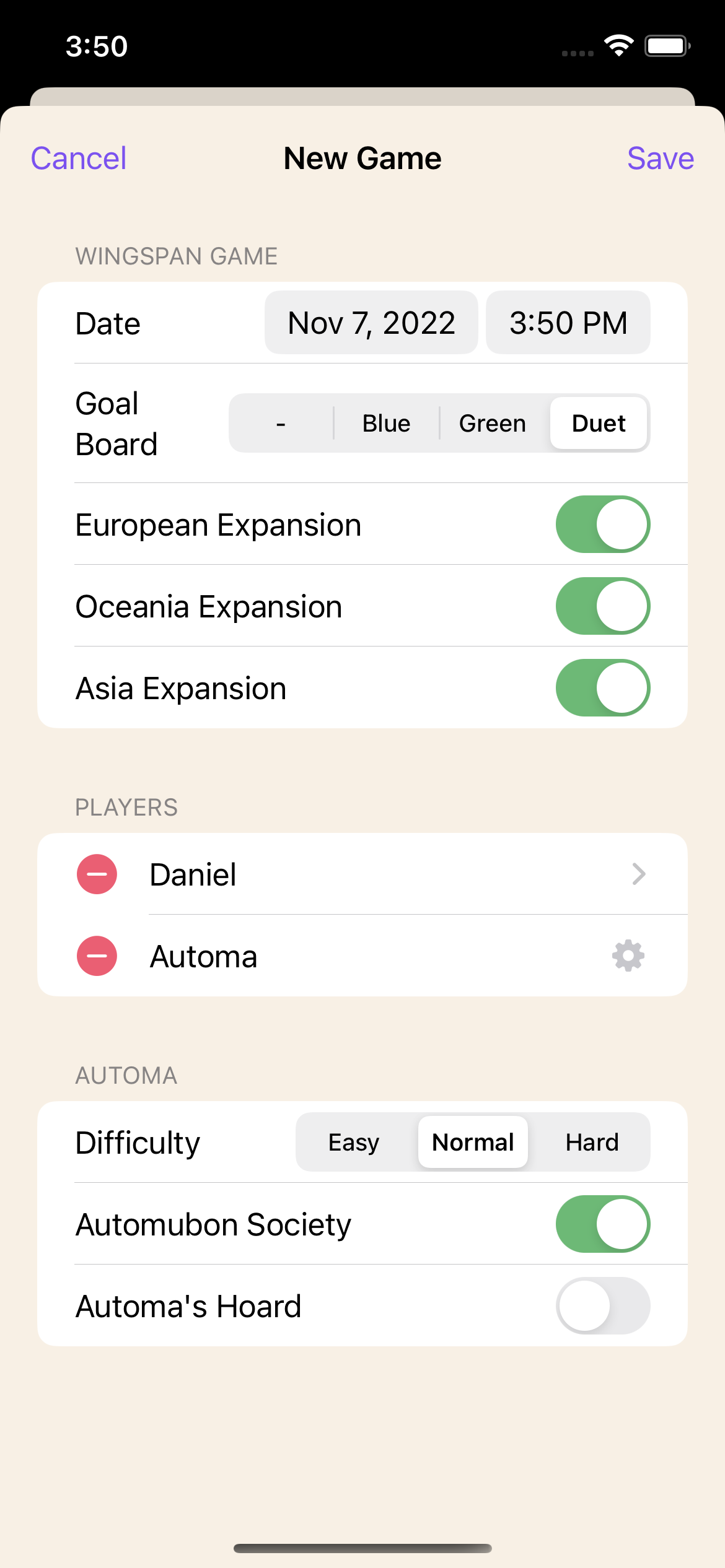 Game setup screen with Automa selected in the Wingscore iPhone app.